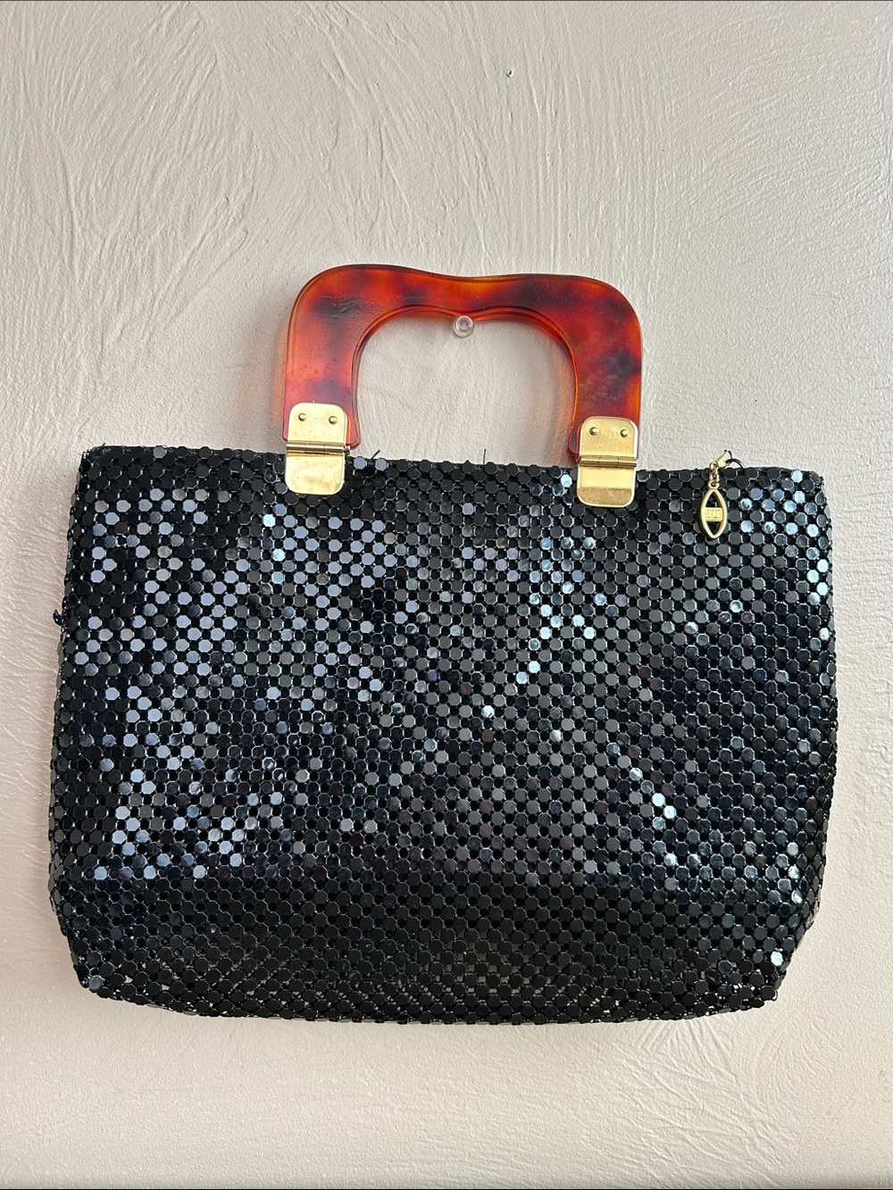 Vintage Style Unbranded Black Sequin Evening Tote with Tortoiseshell Handles.